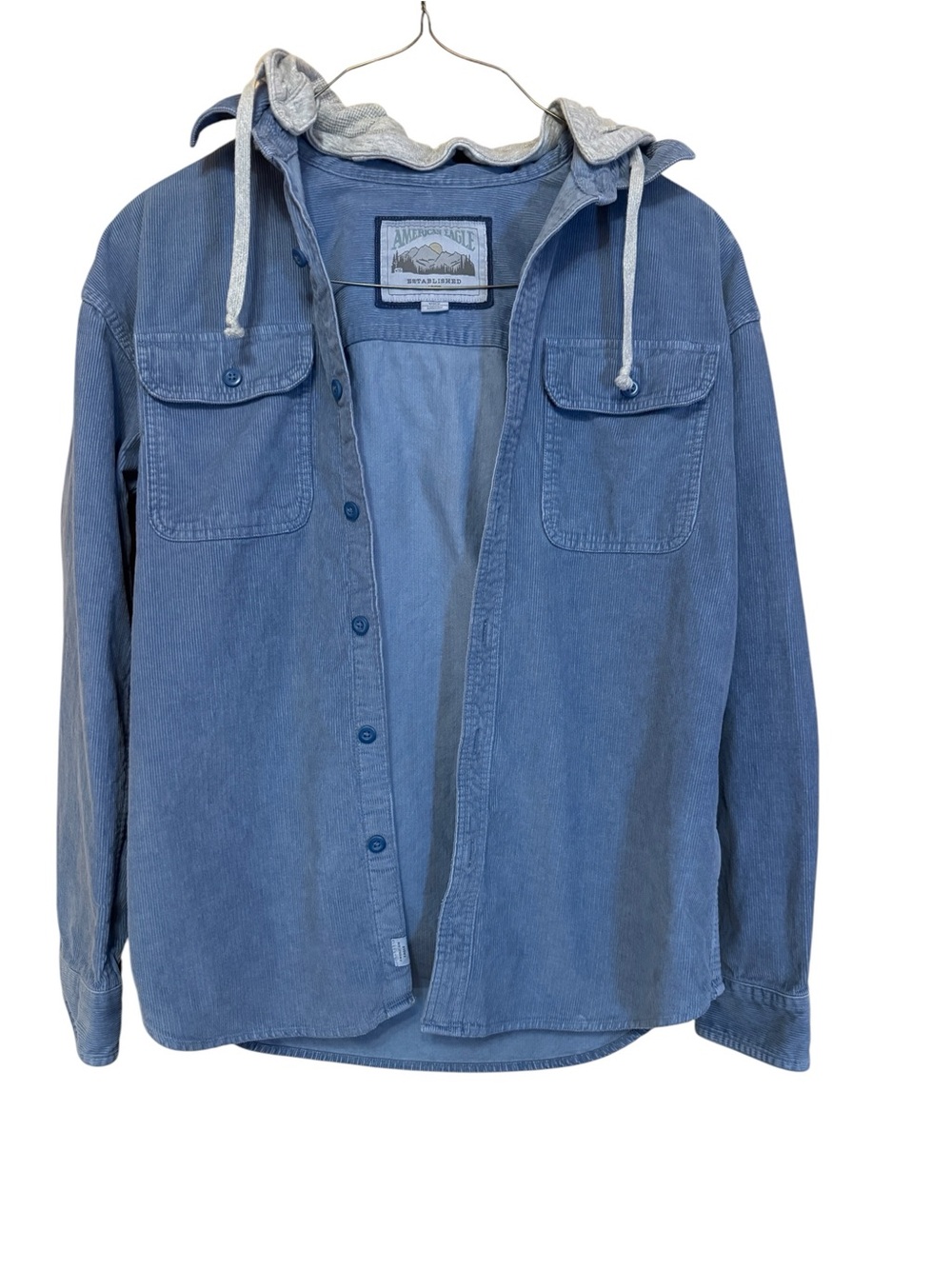 American Eagle Men’s Medium Blue Corduroy Hooded Button Up Shirt Jacket Y2K
